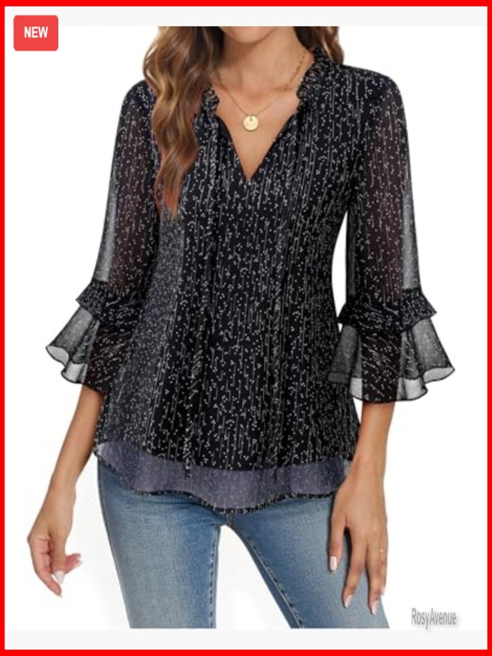 Elegant 3/4 Sleeve V-Neck Ruffle Blouse Tunics Work Shirt - Picture 3 of 7
